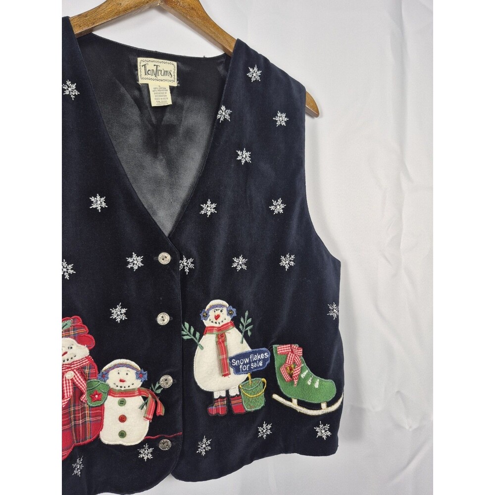 TanTrums Womens Black Vest Winter Snowman Snowflake Embroidered Applique Size L